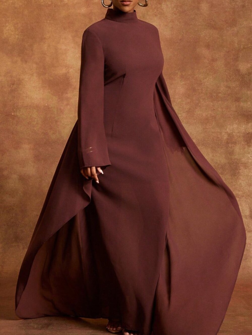 Brown Elegant Women's Chiffon Mock Neck Batwing Long Sleeve Maxi Dress